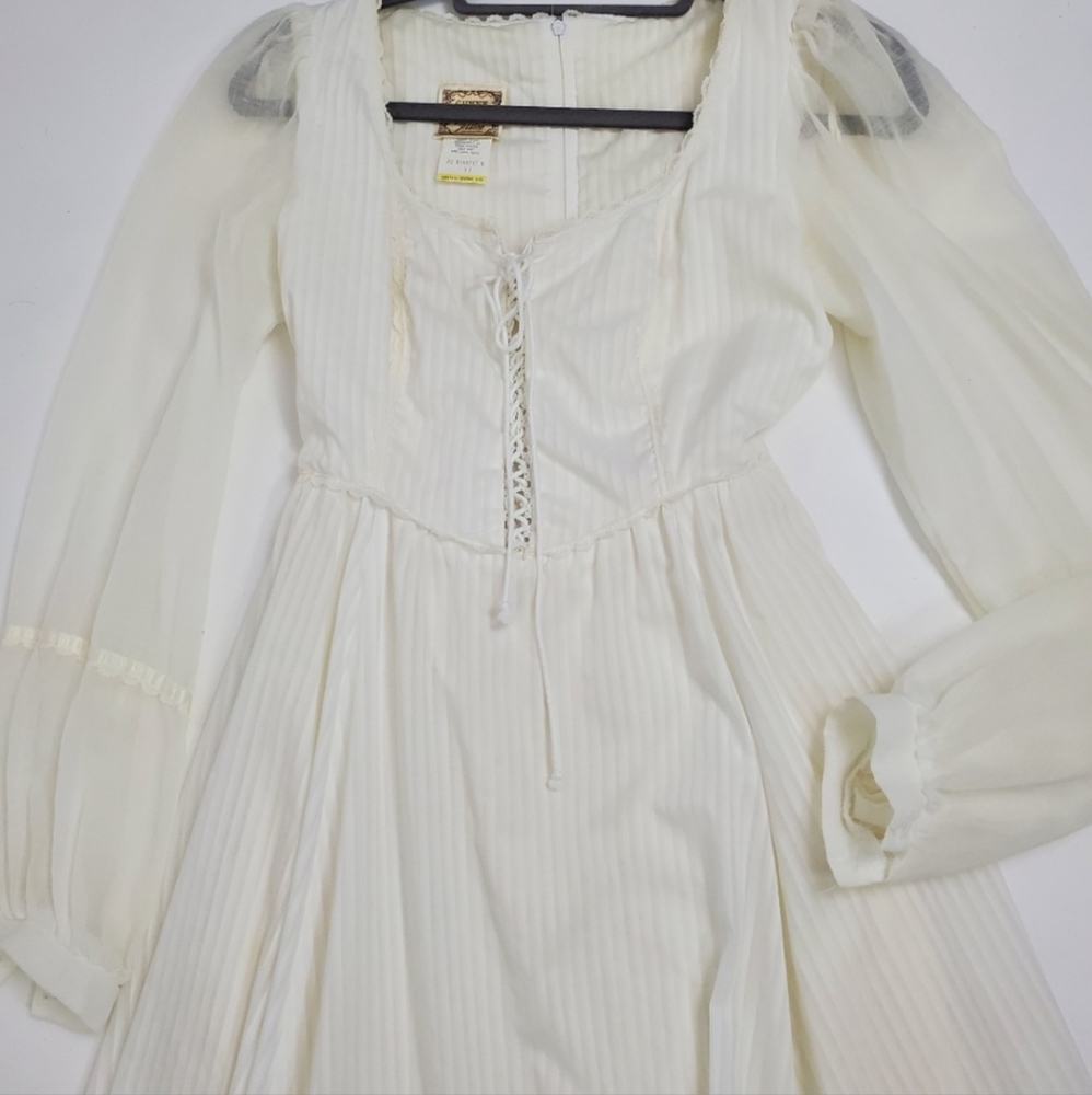 Gunne Sax Cream Maxi Dress with Sheer Long Sleeves and Lace-Up Bodice